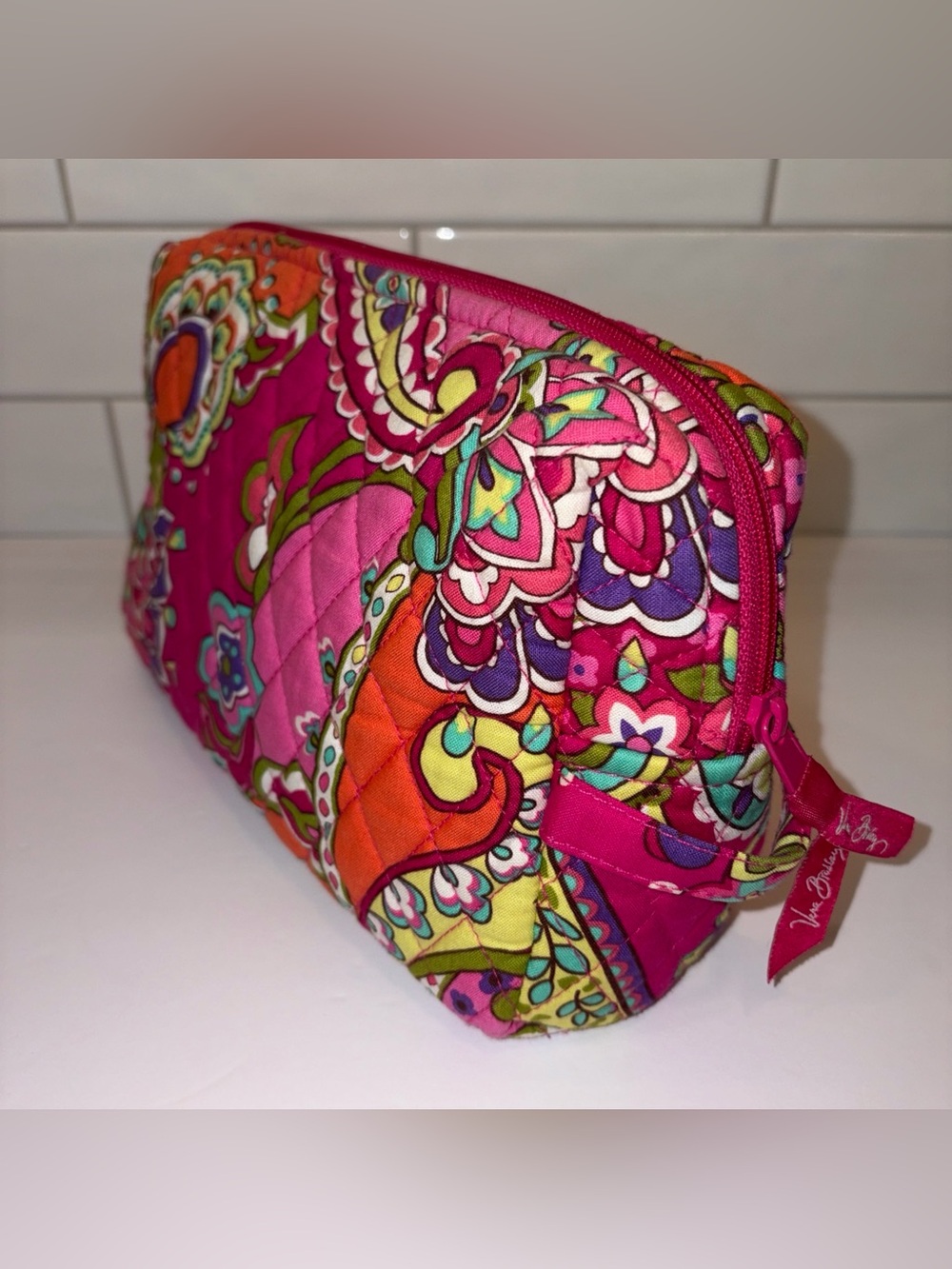 Vera Bradley Pink Multicolor Paisley Floral Quilted Cosmetic Bag Travel Vacation